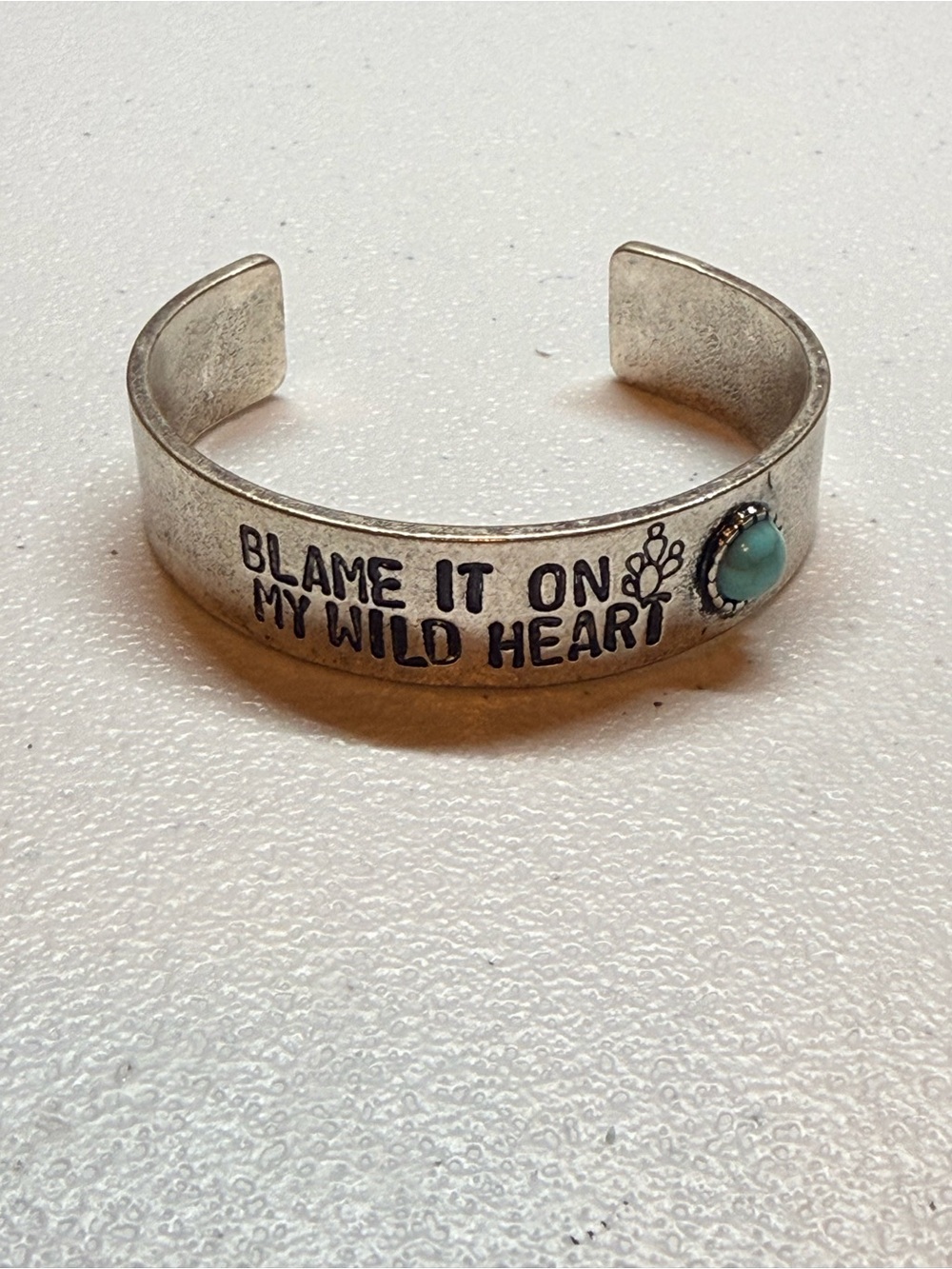Silver-Tone 'Blame It On My Wild Heart' Cuff Bracelet with Turquoise Accent